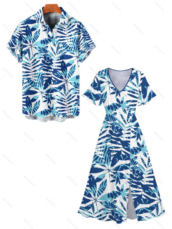 Tropical Leaf Allover Print Flutter Sleeve Split Hem Vacation Dress And Short Sleeve Shirt Matching Outfit - Bleu clair S | US 4