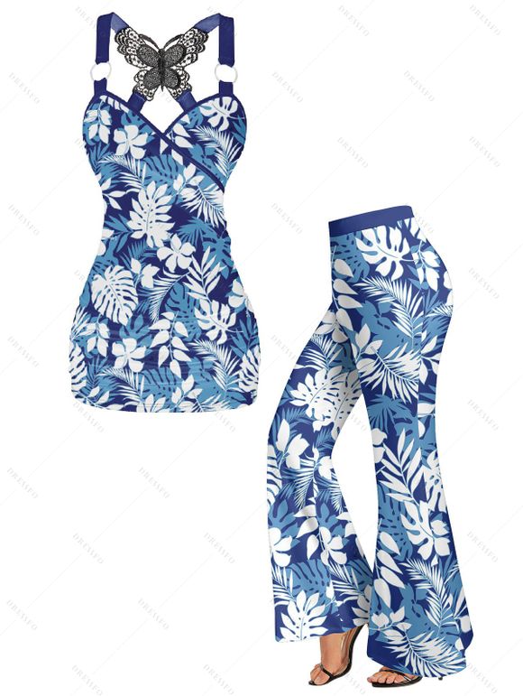 Vacation Tropical Leaf Allover Print Ruched Butterfly Lace O Ring Tank Top And Wide Leg Flare Pants Matching Outfit - Bleu Ciel S | US 4