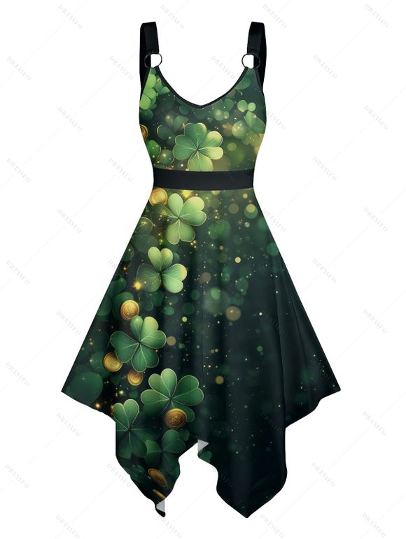 Robe Mi-Longue Asymétrique Bague en O Imprimé - Vert profond XXXXXL | US 20