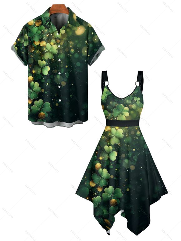 St. Patrick's Day Lucky Glasses Light Spots Print Asymmetric Hem Midi Dress And Short Sleeve Shirt Matching Outfit - Vert profond S | US 4