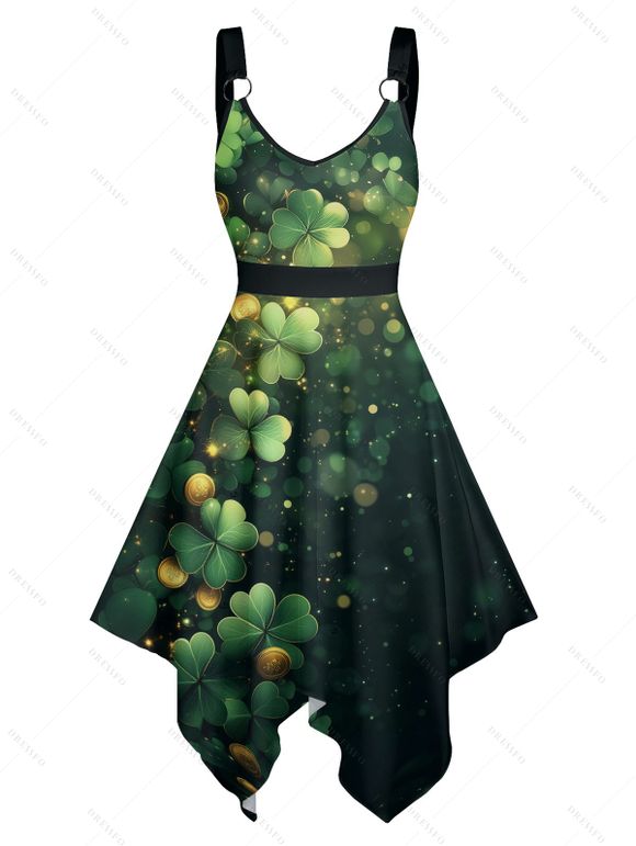 St. Patrick's Day Lucky Glasses Light Spots Print Asymmetric Hem Midi Dress And Short Sleeve Shirt Matching Outfit - Vert profond S | US 4