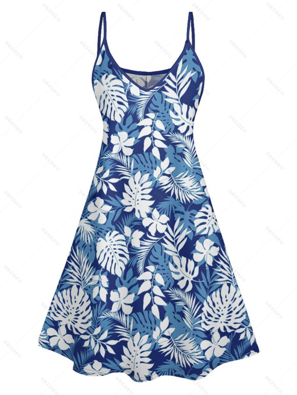 Mini Robe de Vacances Ligne A Feuille Tropicale Imprimée Partout à Col V - Bleu Ciel XXXXXL | US 20