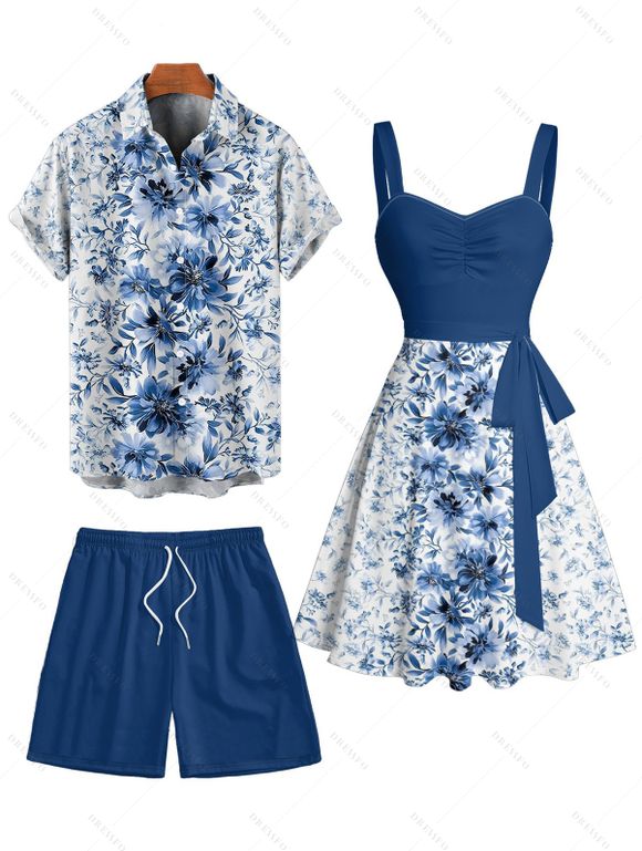 Flower Print Belted Mini Dress And Short Sleeve Shirt Drawstring Shorts Vacation Outfit - Bleu profond S | US 4