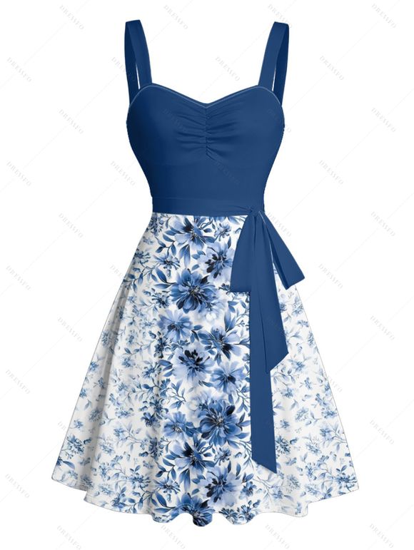 Flower Print Belted Mini Dress And Short Sleeve Shirt Drawstring Shorts Vacation Outfit - Bleu profond S | US 4