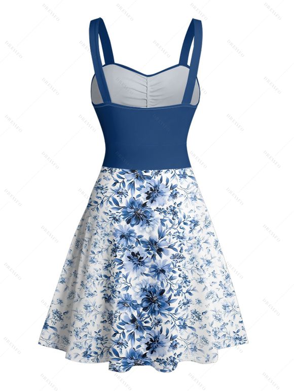 Flower Print Belted Mini Dress And Short Sleeve Shirt Drawstring Shorts Vacation Outfit - Bleu profond S | US 4