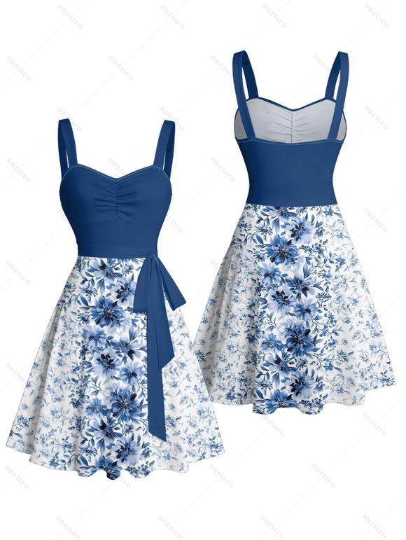 Flower Print Belted Mini Dress And Short Sleeve Shirt Drawstring Shorts Vacation Outfit - Bleu profond S | US 4