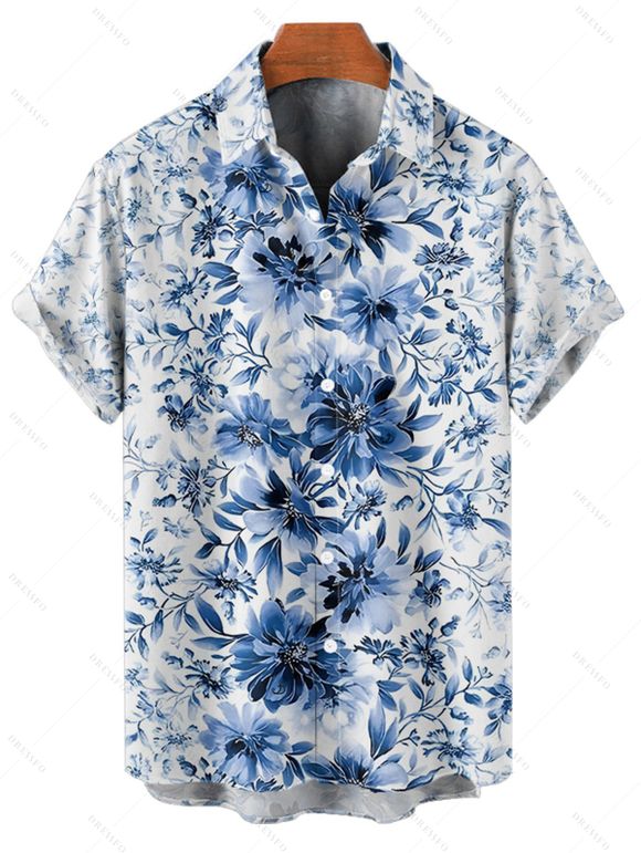 Flower Print Belted Mini Dress And Short Sleeve Shirt Drawstring Shorts Vacation Outfit - Bleu profond S | US 4