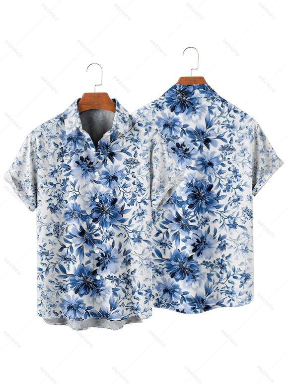 Flower Print Belted Mini Dress And Short Sleeve Shirt Drawstring Shorts Vacation Outfit - Bleu profond S | US 4