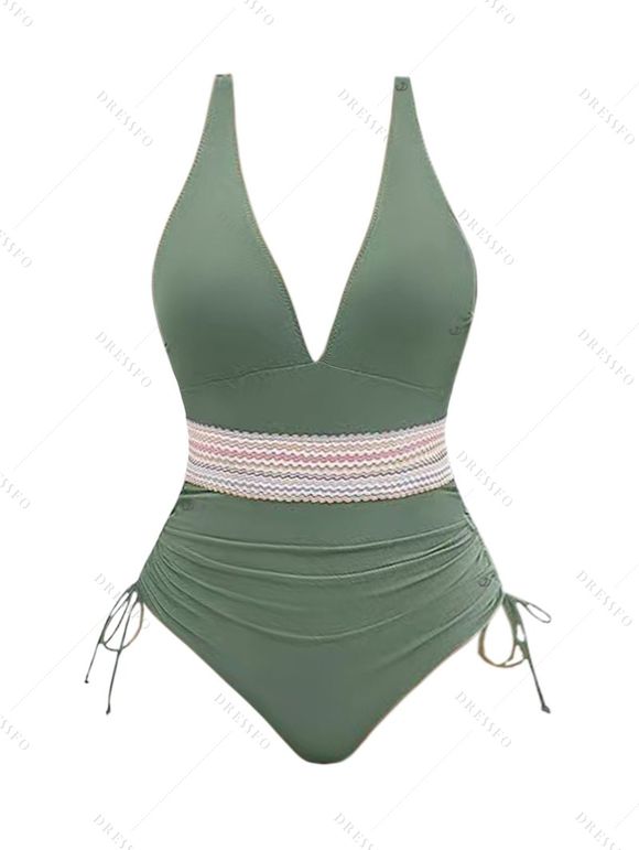 Maillot de Bain Zigzag Imprimé en Couleur Contrastée à Col Plongeant Une-Pièce - Vert clair XXL | US 12