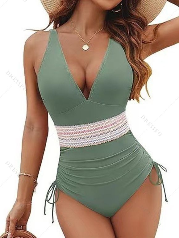 Maillot de Bain Zigzag Imprimé en Couleur Contrastée à Col Plongeant Une-Pièce - Vert clair S | US 4
