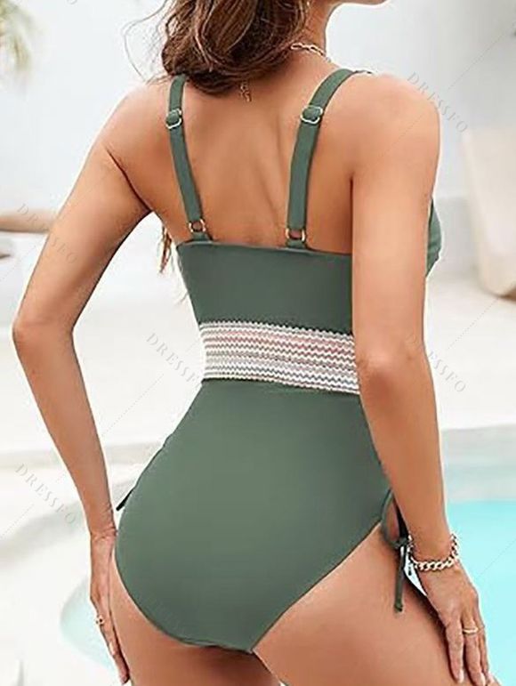 Maillot de Bain Zigzag Imprimé en Couleur Contrastée à Col Plongeant Une-Pièce - Vert clair S | US 4