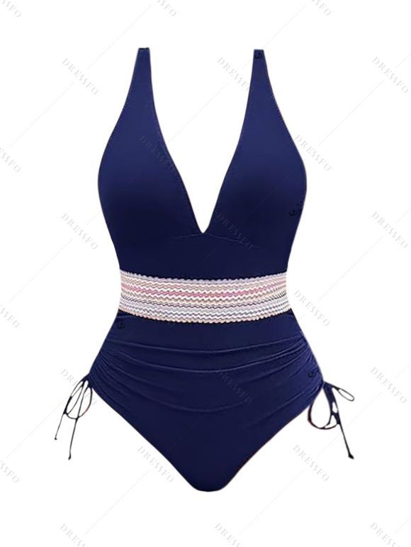 Maillot de Bain Zigzag Imprimé en Couleur Contrastée à Col Plongeant Une-Pièce - Bleu profond S | US 4