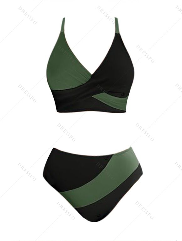 Maillot de Bain Croisé en Blocs de Couleurs à Taille Haute avec Nœud Papillon à Lacets Deux Pièces - Vert profond XL | US 10