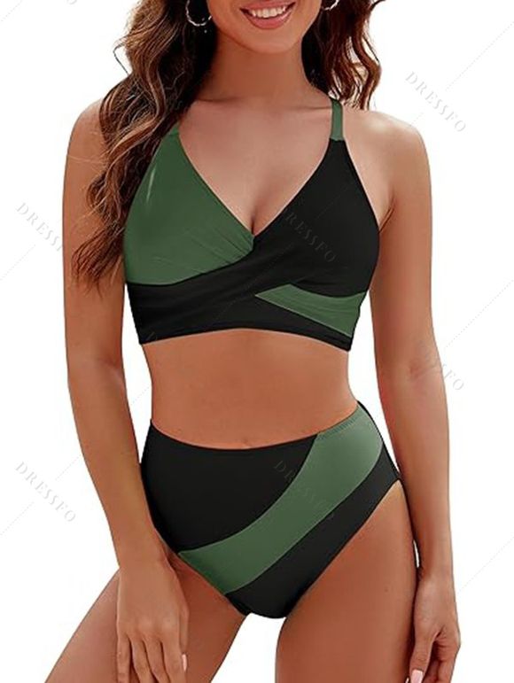 Maillot de Bain Croisé en Blocs de Couleurs à Taille Haute avec Nœud Papillon à Lacets Deux Pièces - Vert profond L | US 8