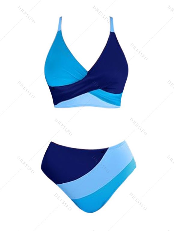 Maillot de Bain Croisé en Blocs de Couleurs à Taille Haute avec Nœud Papillon à Lacets Deux Pièces - Bleu XL | US 10