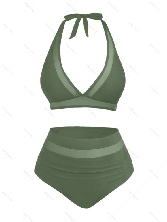 Maillot de Bain Bikini Panneau en Maille Transparente Deux Pièces à Col Plongeant - Vert profond XXL | US 12