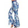 Pantalon Evasé de Vacances Feuille Tropicale Imprimée Taille Haute à Jambe Large - Bleu Ciel S | US 4