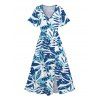 Robe Mi-Longue de Vacances Feuille Tropicale Imprimée Partout à Ourlet Fendu - Bleu clair XXL | US 14