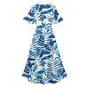 Robe Mi-Longue de Vacances Feuille Tropicale Imprimée Partout à Ourlet Fendu - Bleu clair XXL | US 14