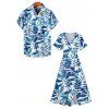 Tropical Leaf Allover Print Flutter Sleeve Split Hem Vacation Dress And Short Sleeve Shirt Matching Outfit - Bleu clair S | US 4