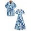 Tropical Leaf Allover Print Flutter Sleeve Split Hem Vacation Dress And Short Sleeve Shirt Matching Outfit - Bleu clair S | US 4