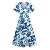 Tropical Leaf Allover Print Flutter Sleeve Split Hem Vacation Dress And Short Sleeve Shirt Matching Outfit - Bleu clair S | US 4