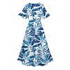 Tropical Leaf Allover Print Flutter Sleeve Split Hem Vacation Dress And Short Sleeve Shirt Matching Outfit - Bleu clair S | US 4