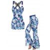 Vacation Tropical Leaf Allover Print Ruched Butterfly Lace O Ring Tank Top And Wide Leg Flare Pants Matching Outfit - Bleu Ciel S | US 4