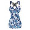 Vacation Tropical Leaf Allover Print Ruched Butterfly Lace O Ring Tank Top And Wide Leg Flare Pants Matching Outfit - Bleu Ciel S | US 4