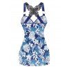 Vacation Tropical Leaf Allover Print Ruched Butterfly Lace O Ring Tank Top And Wide Leg Flare Pants Matching Outfit - Bleu Ciel S | US 4