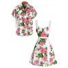 Allover Flower Print Vacation Belted Mini Dress And Short Sleeve Shirt Matching Outfit - Blanc S | US 4