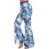 Vacation Tropical Leaf Allover Print Ruched Butterfly Lace O Ring Tank Top And Wide Leg Flare Pants Matching Outfit - Bleu Ciel S | US 4