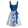 Flower Print Belted Mini Dress And Short Sleeve Shirt Drawstring Shorts Vacation Outfit - Bleu profond S | US 4