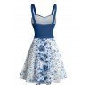 Flower Print Belted Mini Dress And Short Sleeve Shirt Drawstring Shorts Vacation Outfit - Bleu profond S | US 4