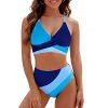 Maillot de Bain Croisé en Blocs de Couleurs à Taille Haute avec Nœud Papillon à Lacets Deux Pièces - Bleu XL | US 10