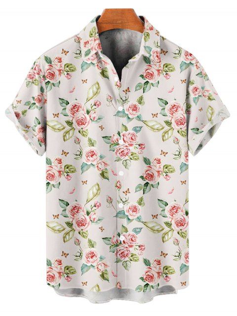 Chemise de Vacances Fleur en Tissu Imprimé à Manches Courtes Boutonnée