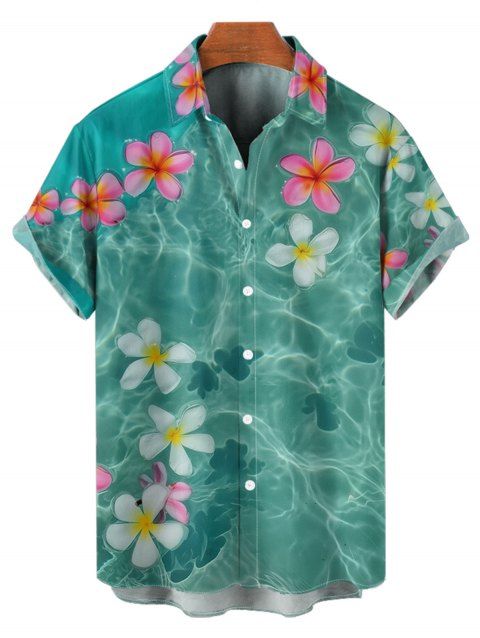 Chemise de Vacances Fleur D'Eau Imprimée Boutonnée à Manches Courtes