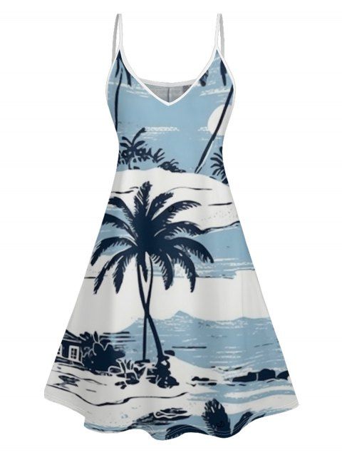 Beach Palm Tree Print Hawaii Vacation Spaghetti Strap V Neck Mini Dress