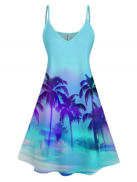 Mini Robe de Vacances Ombre Palmier Imprimé à Bretelle Fine