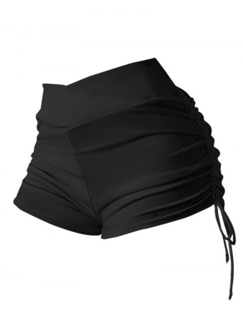 Slolid Color Cinched Ruched Crossover High Waist Swim Bottoms
