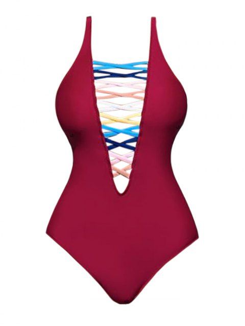 Colorful Lattice Deep V Neck Low-back One-piece Swimsuit