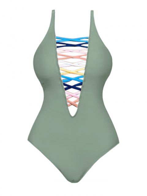 Colorful Lattice Deep V Neck Low-back One-piece Swimsuit