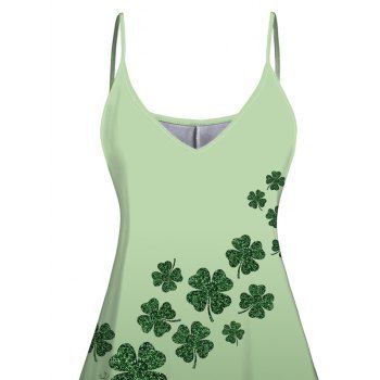 Ombre Lucky Clover Print St. Patrick`s Day V Neck Spaghetti Strap Mini Dress 