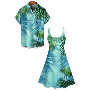Hawaii Vacation Tropical Palm Leaf Print V Neck Spaghetti Strap Dress And Short Sleeve Shirt Matching Outfit on sale