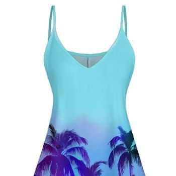 Ombre Palm Tree Print Hawaii Vacation Dress Spaghetti Strap V Neck Mini Dress