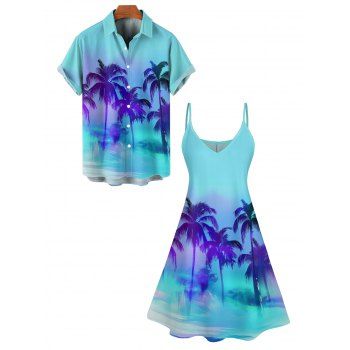 Omber Palm Tree Print Hawaii Vacation Spaghetti Strap V Neck Mini Dress And Short Sleeve Shirt Matching Outfit on sale