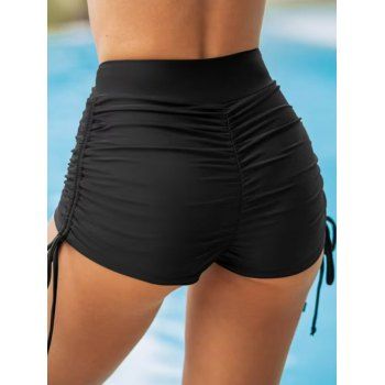 Slolid Color Cinched Ruched Crossover High Waist Swim Bottoms