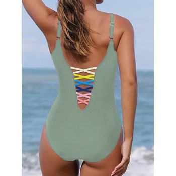 Colorful Lattice Deep V Neck Low-back One-piece Swimsuit