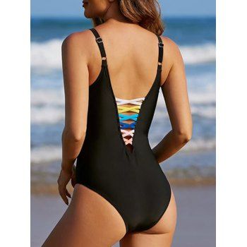 Colorful Lattice Deep V Neck Low-back One-piece Swimsuit
