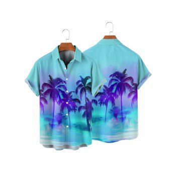 Ombre Palm Tree Print Hawaii Vacation Spaghetti Strap V Neck Mini Dress And Short Sleeve Shirt Matching Outfit